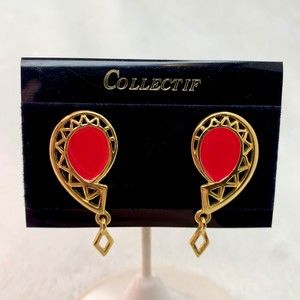 Collectif Vintage Style Retro Enameled Dangle Earrings Red Gold-tone